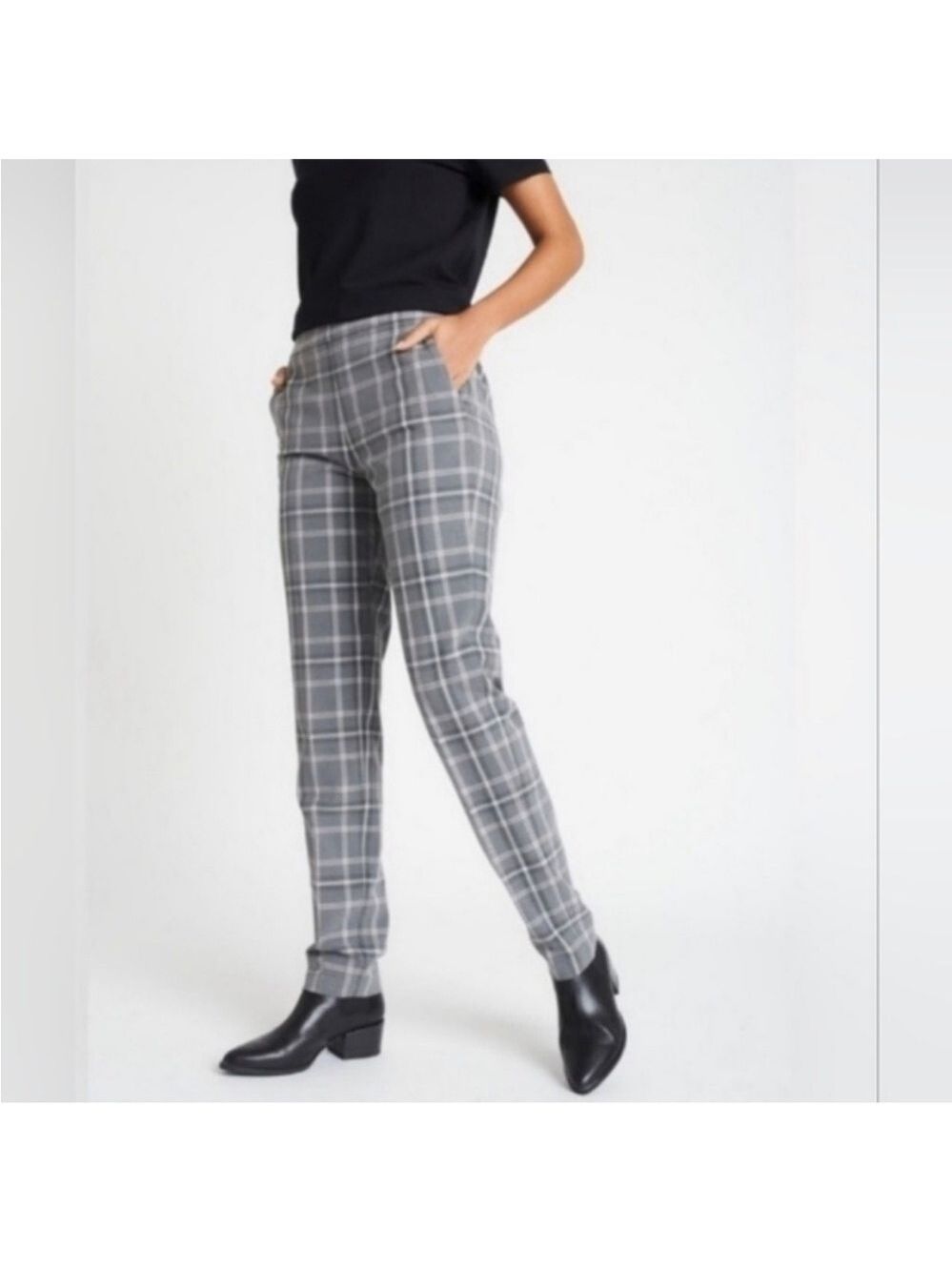 Kit and Ace Go To Trousers Slim Tapered Leg in Grey Plaid Sz 4